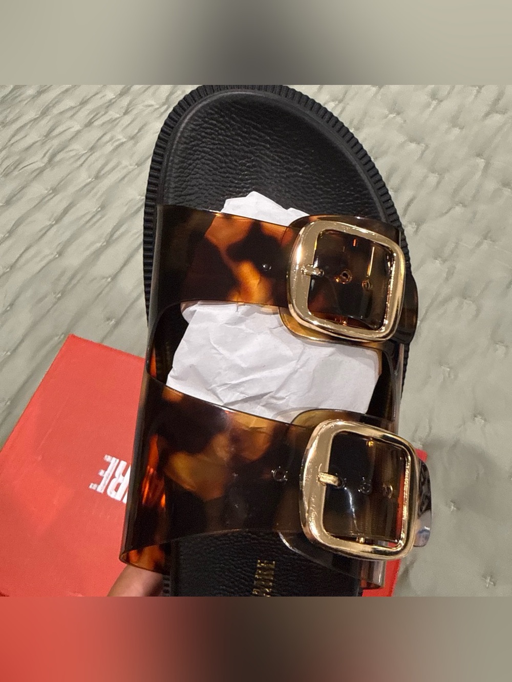 Tortoiseshell Double-Buckle Slide Sandal in Brown
